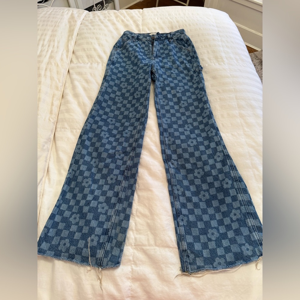 PacSun Blue Wide Leg Carpenter Jeans with Fun 70’s Print